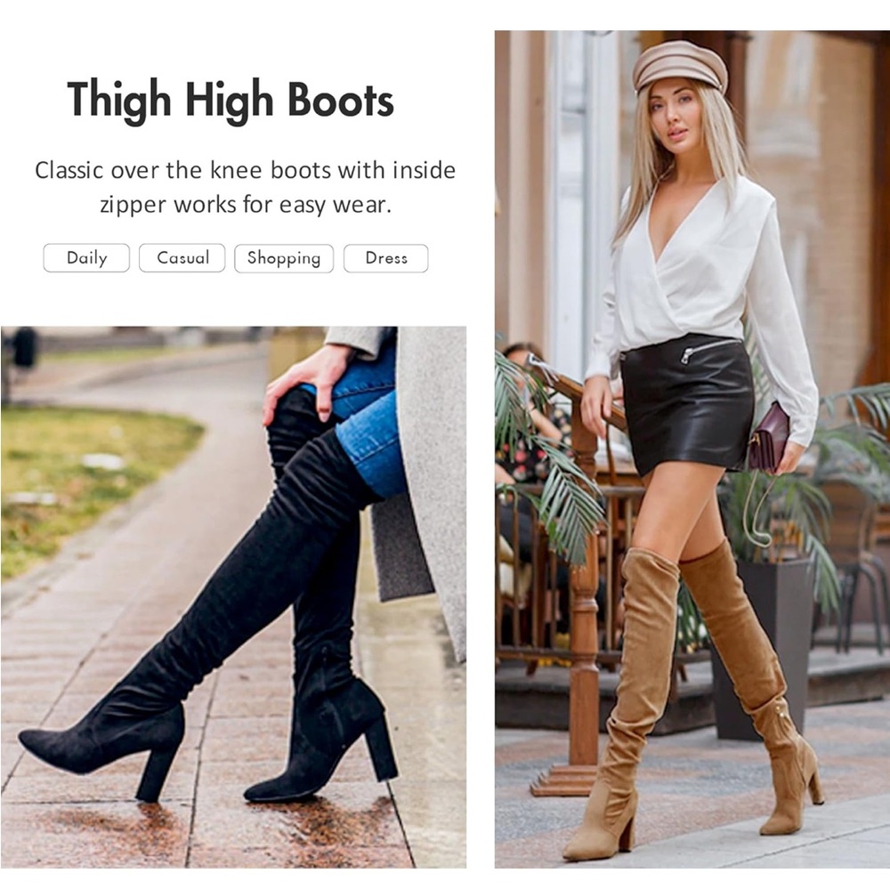 Vepose Aria Suede Over the Knee Boots Black Heel Size 7.5